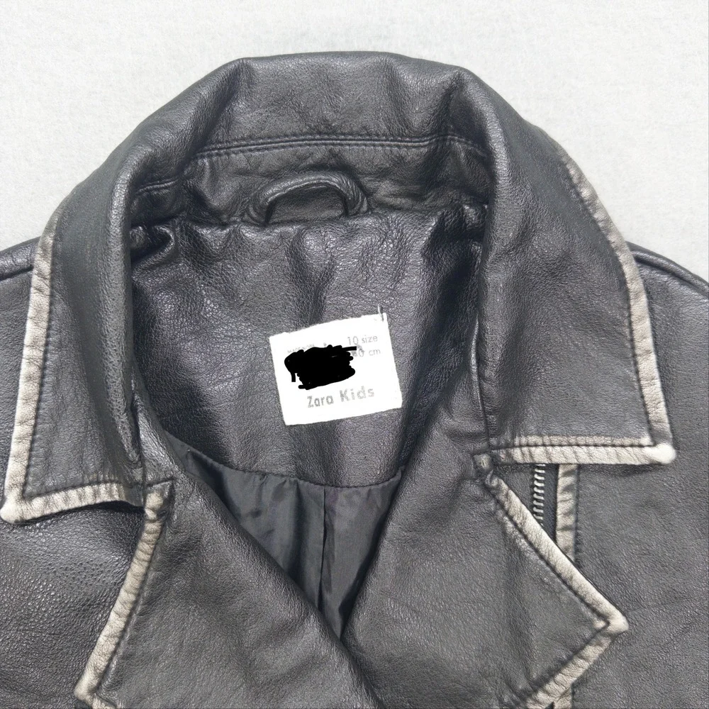 Zara Kids Moto Jacket Kids Size 10 Black Faux Leather Distressed Biker Coat Zip
